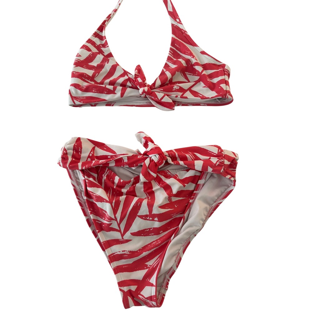 Carmen Marc Valvo Red White Palm Print Bikini Set Halter Top Knot Bottoms Size M